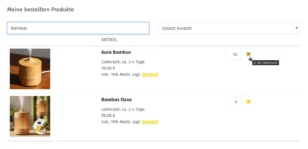 Kundenkonto ‚Meine bestellten Produkte‘ mit Suchbegriff ‚Bambus‘, Anzeige der Artikel ‚Aura Bambus‘ und ‚Bambus Oase‘ mit Preis, Lieferzeit, Mengenfeld und Warenkorb-Symbol.