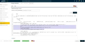 Screenshot des Gambio-Adminbereichs „Vorlagen bearbeiten“ mit geöffneter HTML-Bestellbestätigung. Im Code ist der Abschnitt zur Lieferadresse markiert, in dem per Template-Bedingung eine rote Hervorhebung aktiviert wird, wenn Rechnungs- und Lieferadresse unterschiedlich sind.