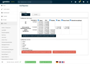 Gambio Adminbereich mit Übersicht der Staffelpreise für verschiedene Kundengruppen wie Admin, Gast und Händler.