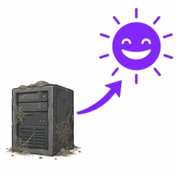 Alter verstaubter Server mit Pfeil zu lachender violetter Sonne.