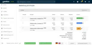 Bestelldetails mit individuellem Status je Artikel (Versendet, Storniert, Offen)