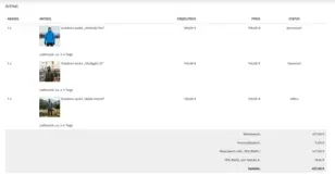 Screenshot des Gambio-Kundenkontos mit Bestellübersicht: Die einzelnen Bestellpositionen einer Bestellung werden mit ihrem jeweiligen Status angezeigt, darunter „Versendet“, „Storniert“ und „Offen“.