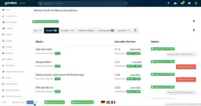 Screenshot des Werbe-Markt.de Modulverwaltung-Interfaces in Gambio Admin, der eine Tabelle installierter Module zeigt. Unten links steht die Gambio-Version 26.07. HUB verbunden, Google verbunden
