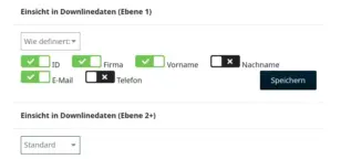 Einsicht in Downlinedaten in Ebene 1 und folgenden: ID, Firma, Vorname, Nachname, E-Mail, Telefon