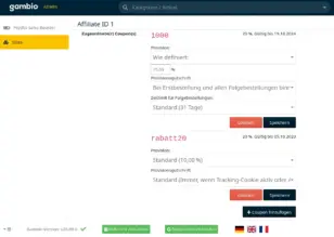 Screenshot Coupon-Zuweisung in den Affiliate-Details mit individueller Provision und Provisionsgutschrift je Gutschein