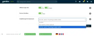 Aufgeklapptes Dropdown Empfehlungslink-Impressum mit den Optionen Inaktiv, Nur beim ersten Aufruf und Immer, wenn Tracking-Cookie aktiv, darüber Affiliate-Login mit und Partner-Menübox