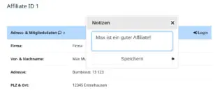 Neue Notiz zu einem Affiliate im Notizen-Modal erfassen, Sprechblasen-Icon mit Notizzähler in der Kopfzeile der Adress- & Mitgliedsdaten