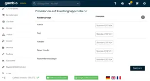 Provisionen auf Kundengruppenebene: Links Kundengruppen, rechts Auswahlmöglichkeiten