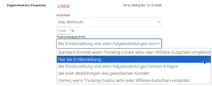 Kupon(s) Provisionsgutschrift: geöffnetes Auswahlfeld mit Standard, Nur bei Erstbestellung, Bei Erstbestellung und Folgebestellungen, Bei allen Bestellungen sowie Immer bei aktivem Tracking-Cookie