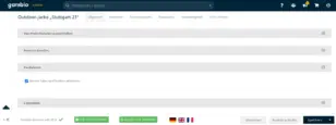 Screenshot der Gambio Admin-Oberfläche beim Bearbeiten des Artikels „Outdoor-Jacke ‚Stuttgart 21‘“. Im aufgeklappten Abschnitt „Kaufalarm!“ ist die Checkbox „Recent Sales Notification aktivieren“ angehakt, mit der die Kaufmeldung für diesen einzelnen Artikel individuell aktiviert wird.