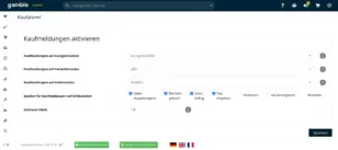 Screenshot der Gambio Admin-Oberfläche im Bereich „Kaufalarm!“ unter „Kaufmeldungen aktivieren“. Kaufmeldungen auf Kategorieseiten sind auf „ausgewählte“ gestellt, auf Herstellerseiten auf „alle“ und auf Artikelseiten auf „inaktiv“. Als Quellen für Kaufmeldungen auf Artikelseiten sind „Selbe Hauptkategorie“, „Ebenfalls gekauft“, „Cross Selling“ und „Top-Angebote“ aktiviert, „Neuheiten“, „Sonderangebote“ und „Bestseller“ sind deaktiviert. Der Zeitraum Käufe ist auf 14 Tage eingestellt.