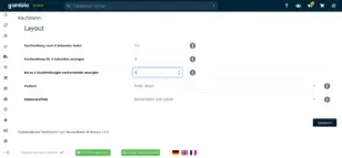 Screenshot der Gambio Admin-Oberfläche im Bereich „Kaufalarm!“ unter „Layout“. Die Kaufmeldung wird nach 10 Sekunden geladen und für 3 Sekunden angezeigt, es werden bis zu 4 Kaufmeldungen nacheinander angezeigt. Die Position ist auf „links oben“ gestellt, der Einblend-Effekt auf „Reinsliden von oben“.