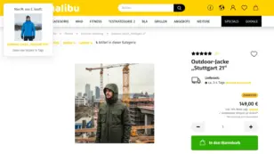 Screenshot einer Gambio-Shop-Artikelseite („Outdoor-Jacke ‘Stuttgart 21’