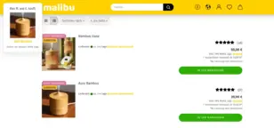 Screenshot einer Gambio-Shop-Kategorieseite mit Diffusor-Produkten („Bambus Oase“, „Aura Bambus“) und eingeblendetem Kaufalarm oben links: „Max M. aus E. kauft:“ mit Produktfoto und dem Namen „Aura Bambus“ als Link, darunter der Hinweis „Daten der letzten 3650 Tage“.