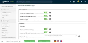 Gambio-Admin: Einstellungen für Mini-Warenkorb und Warenkorb im Modul Versandkostenfrei-Tipps