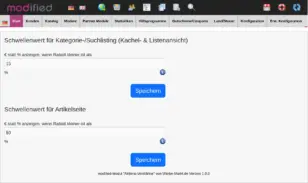 modified Backend: Einstellungsseite Aktions-VerstĂ€rker mit Schwellenwert-Feldern fĂŒr Kategorie-/Suchlisting (15%) und Artikelseite (50%)
