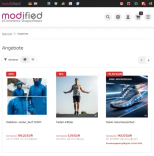 Angebote-Ăbersichtsseite mit Outdoor-Jacke, Springseil Faden-Flitzer und Sonic-Geschossschuh, drei unterschiedliche Rabatt-Ribbons