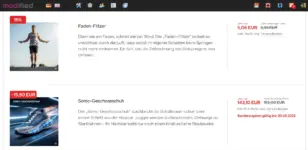 Kategorie-Listenansicht mit Faden-Flitzer (Ribbon 15%) und Sonic-Geschossschuh (Ribbon -15,90 EUR) direkt untereinander