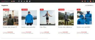 Widget Angebote auf der Startseite mit fĂŒnf Produkten, vorne die Outdoor-Jacke Stuttgart 21 mit Ribbon -14,90 EUR