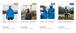 4 Outdoor-Jacken in der Kategorie-Boxansicht mit den Ribbons Hype, Jetzt, Stark und Top