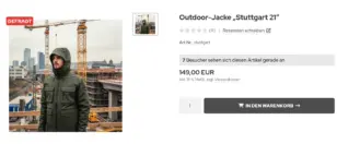 Produktseite Outdoor-Jacke Stuttgart 21 mit Ribbon Gefragt und Hinweistext 7 Besucher sehen sich diesen Artikel gerade an