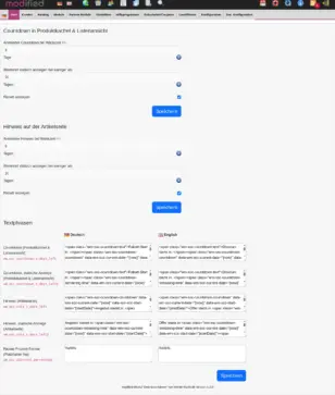 modified Backend: Einstellungsseite Deal-Countdown mit den Bereichen Countdown in Produktkachel & Listenansicht, Hinweis auf der Artikelseite und Textphrasen je Sprache