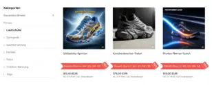 3 Laufschuhe in der Kategorie-Kachelansicht mit tickendem Banner Rabatt-Start in: 23:56:35 und 10%-Rabattzeichen