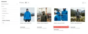 4 Outdoor-Jacken in der Kategorie-Kachelansicht, bei der Outdoor-Jacke Surf 3000 der ruhige Hinweis Rabatt-Start in: 7 Tage, 19 Stunden mit 20%-Rabattzeichen
