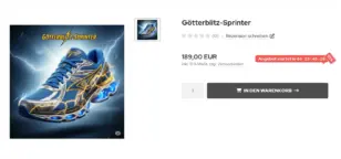 Produktseite Götterblitz-Sprinter mit tickendem Hinweis Angebot startet in 23:45:26 und 10%-Rabattzeichen neben dem Preis