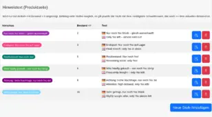 modified Backend: Einstellungsseite Hinweistext (Produktseite) mit Stufenliste, Vorschau, Bestand und Text je Sprache