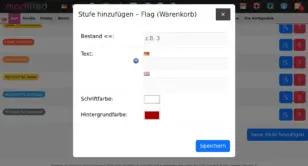Dialogfenster im modified Backend: Stufe hinzufügen – Flag (Warenkorb) mit Feldern für Bestand, Text je Sprache, Schriftfarbe und Hintergrundfarbe