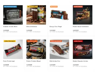 8 Proteinriegel- und Schokoladenprodukte in der Kategorie-Boxansicht mit unterschiedlichen Bestands-Flags
