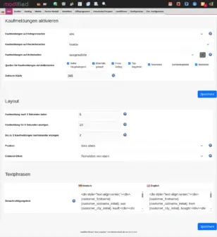 modified Backend: komplette Einstellungsseite von Kauf-Impulse mit Kaufmeldungen aktivieren, Layout und Textphrasen
