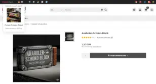 Produktseite Anaboler-Schoko-Block mit eingeblendeter Kaufmeldung Dominik S. aus H. kauft Protein-Proleten-Riegel