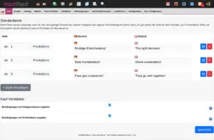 modified Backend: Einstellungsseite Kauf-Verstärker mit Stufentabelle Standardtexte und Häkchen für Bestätigungen auf Kategorie- und Artikelebene