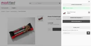 Aufklapp-Warenkorb mit Power Proteinriegel und freundlicher Bestätigung Hmmm lecker