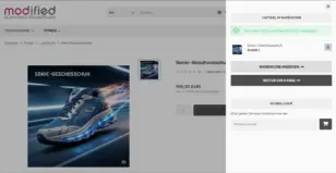 Aufklapp-Warenkorb mit Sonic-Geschossschuh und humorvoller Bestätigung Noch paar Klicks und Usain Bolt kann einpacken