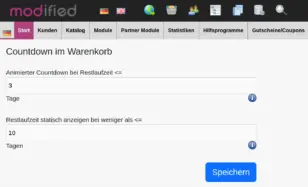 modified Backend: Einstellungsseite Countdown im Warenkorb mit Feldern für animierten Countdown und statische Restlaufzeit