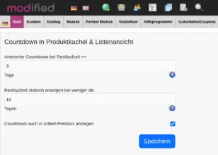 modified Backend: Einstellungsseite Countdown in Produktkachel & Listenansicht mit Feldern für animierten Countdown, statische Restlaufzeit und Checkbox Countdown auch in Artikel-Preisbox anzeigen
