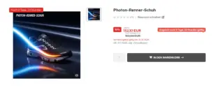 Artikelseite Photon-Renner-Schuh mit Countdown-Flag am Produktbild und zusätzlichem Hinweistext Angebot noch 9 Tage, 23 Stunden gültig beim Preis