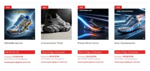 4 Laufschuhe in der Kategorie-Boxansicht, jeweils mit 10%-Rabatt-Flag und eigenem Countdown-Hinweis