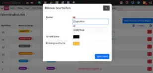 modified Backend: Dialog Ribbon bearbeiten mit Feldern für Name je Sprache, Schriftfarbe und Hintergrundfarbe