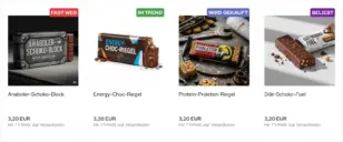 Kategorie-Boxansicht mit vier Proteinriegeln: Anaboler-Schoko-Block mit Ribbon Fast weg, Energy-Choc-Riegel mit Ribbon Im Trend, Protein-Proleten-Riegel mit Ribbon Wird gekauft und Diät-Schoko-Fuel mit Ribbon Beliebt