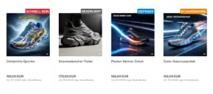 Kategorie-Boxansicht mit vier Laufschuhen: Götterblitz-Sprinter mit Ribbon Schnell sein, Knochenbrecher-Treter mit Ribbon Reserviert, Photon-Renner-Schuh mit Ribbon Gefragt und Sonic-Geschossschuh mit Ribbon Im Warenkorb