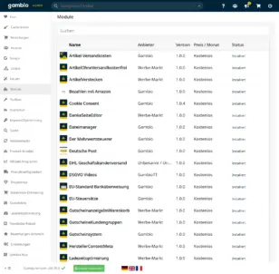 Menüpunkt Module mit Spalten Name, Anbieter, Version, Status – native Gambio-Module und Werbe-Markt-Module gemeinsam gelistet, alle installiert